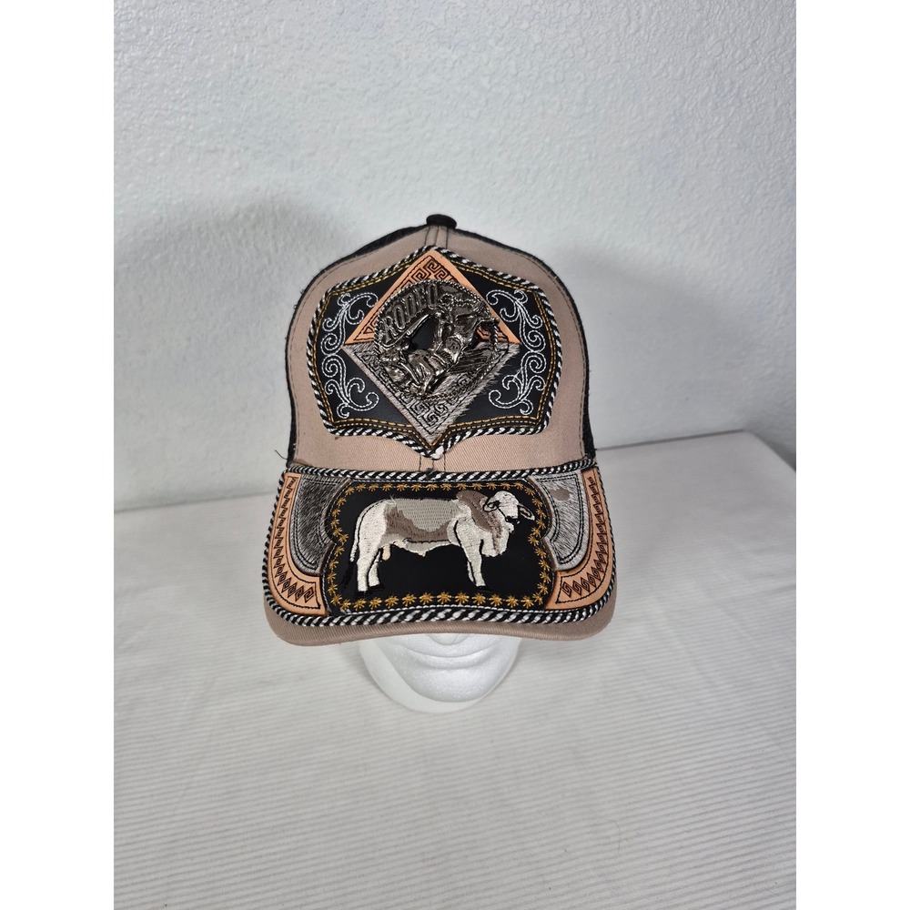 Rodeo Bull Rider Trucker Hat Tan Black Mesh Leather Embroidery Adjustable Cap